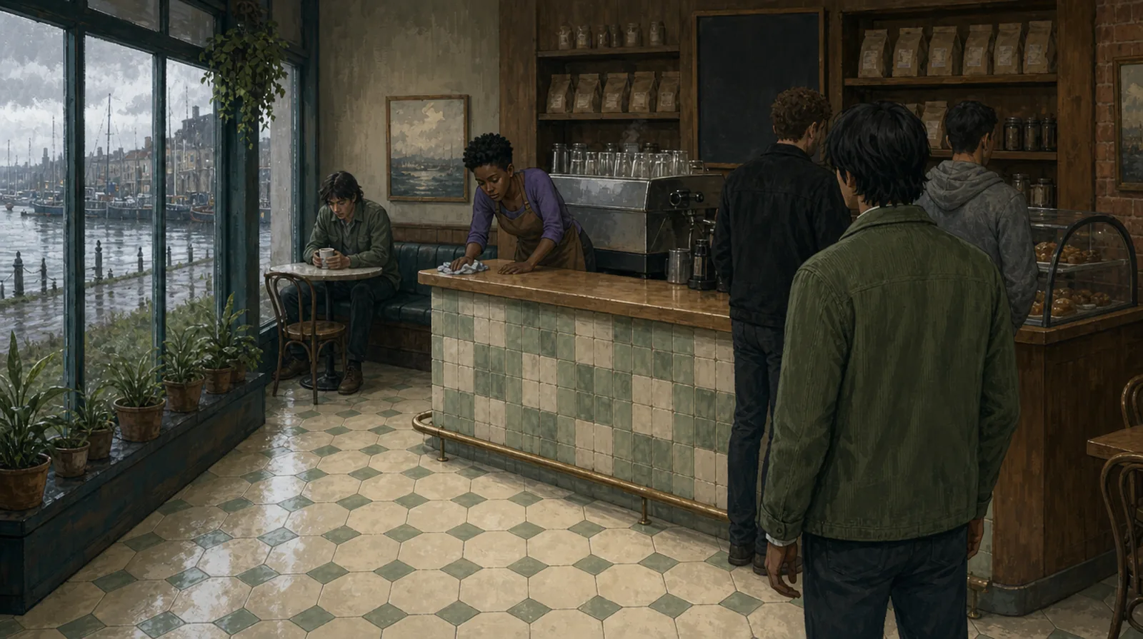 A cafe by the harbour in the rain, the water and the moored boats through tall windows. Behind the counter a woman leans over the wood with a cloth, three people stand waiting in front of her, and one man sits alone at a small table with a cup.