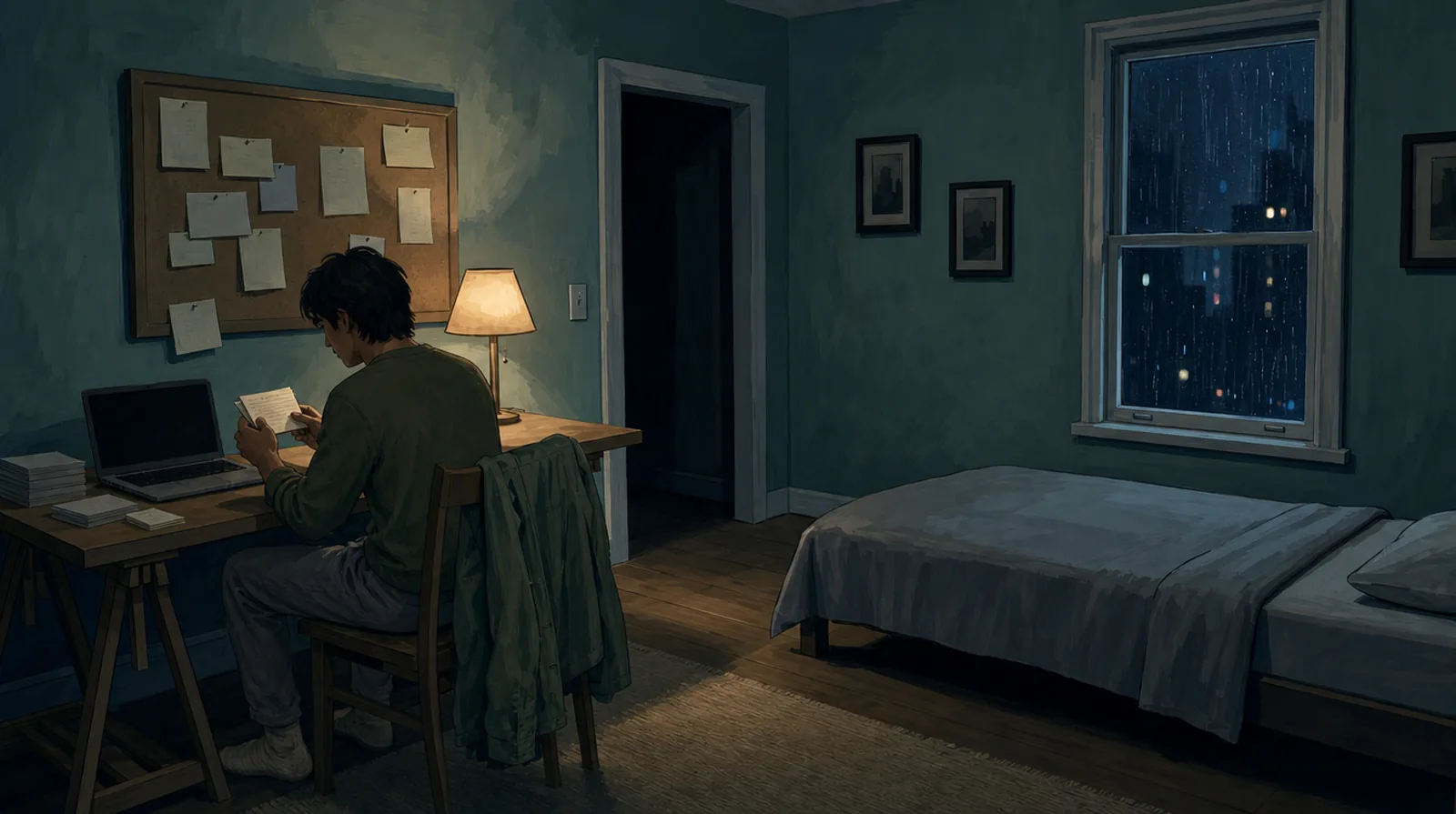 A bedroom desk under a lamp at night, a corkboard of pinned cards above it, a man writing one of the cards by hand.