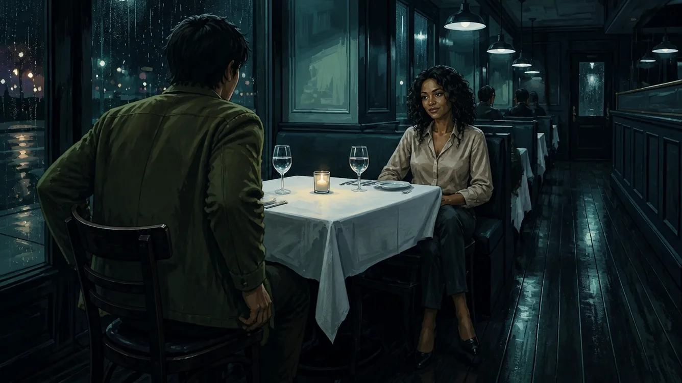 A restaurant at night, rain running down the window. A man in a jacket sits with his back to us; across the white cloth a woman sits with her knees angled toward the aisle.