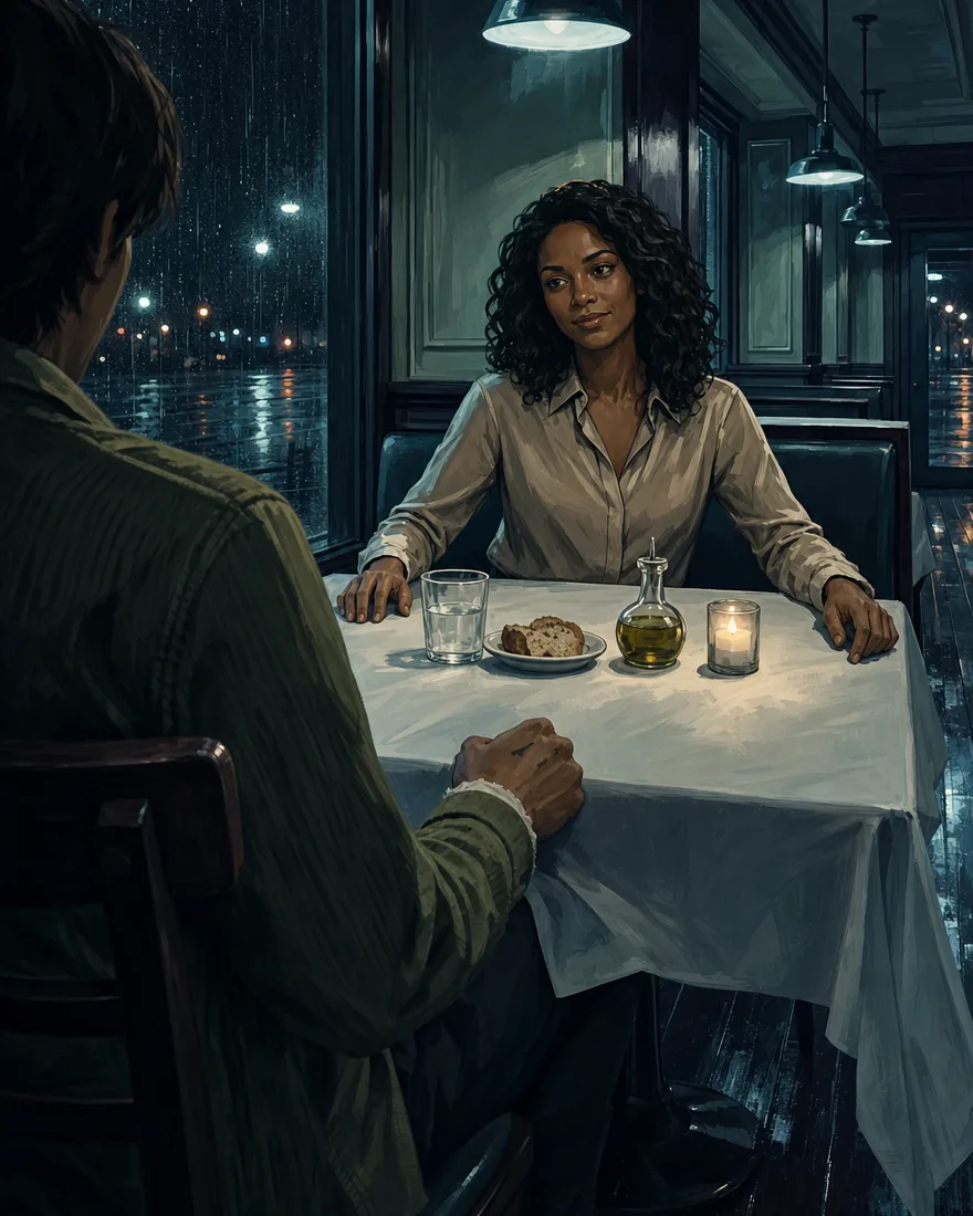 The table seen from his side. A glass, a bread plate, an oil bottle and a candle stand in a line across the middle of the cloth, with the woman behind them.