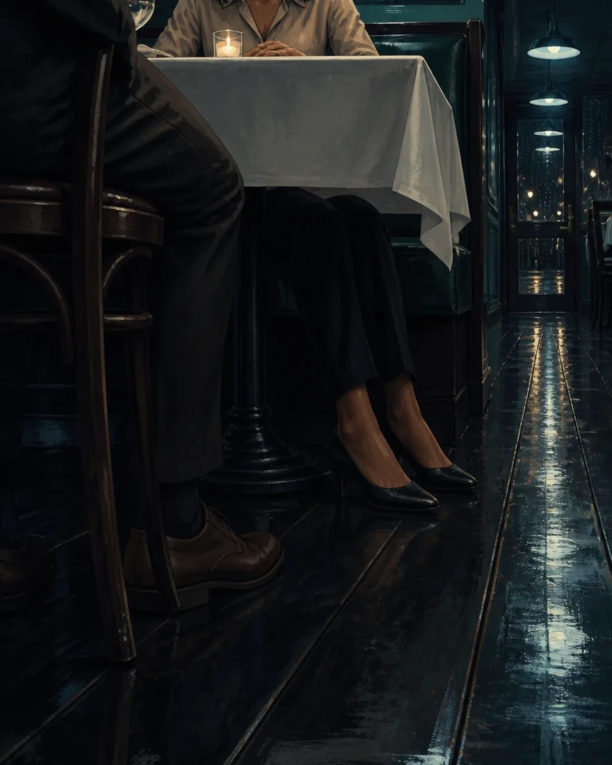 The floor under the table. His shoe by the chair leg, her two heels together on the wet boards, pointed away down the room.