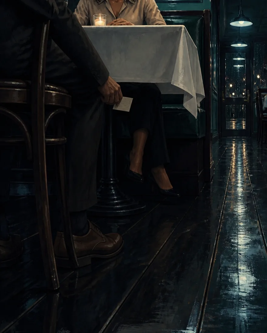 The lower half of the table. His hand holds a card at his knee; under the hem of the cloth her ankles are crossed and drawn back beneath her chair.