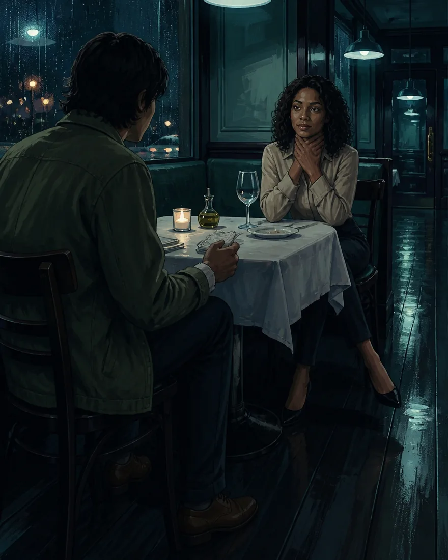 The woman across the table with both hands brought up flat against the front of her throat.