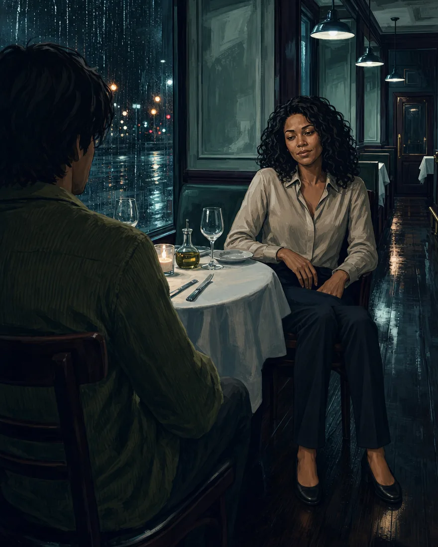 The woman sitting back from the table, hands in her lap and her shoulders down, looking at the man across from her.