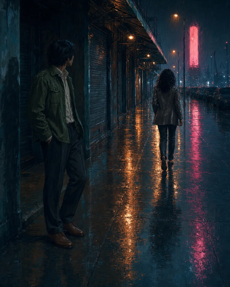 A wet street at night. The man stands under the shopfronts while the woman walks away from him down the pavement.