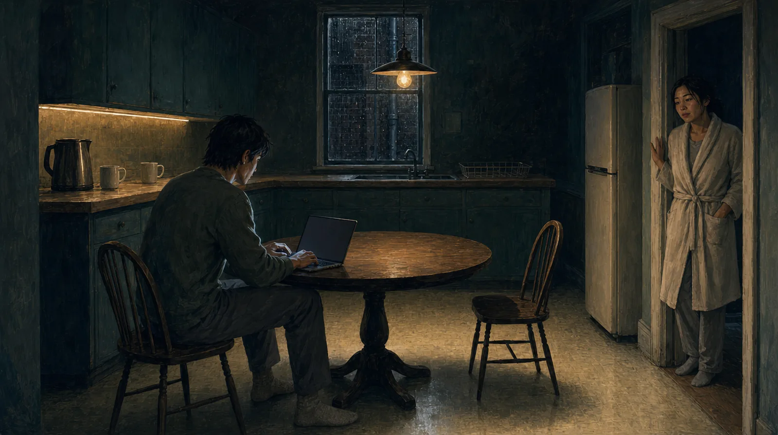 A kitchen at three in the morning. A man sits at the table over a laptop; a woman in a dressing gown stands in the doorway watching him, one hand on the door frame.
